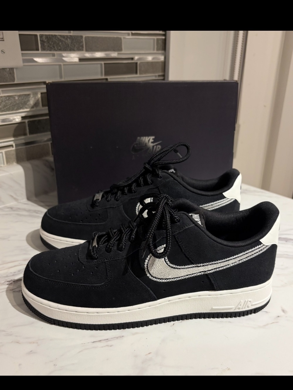 New Nike Air Force 1 Low '07 LV8 Black Sail Embroidered HJ4465-001 Men's 11.5